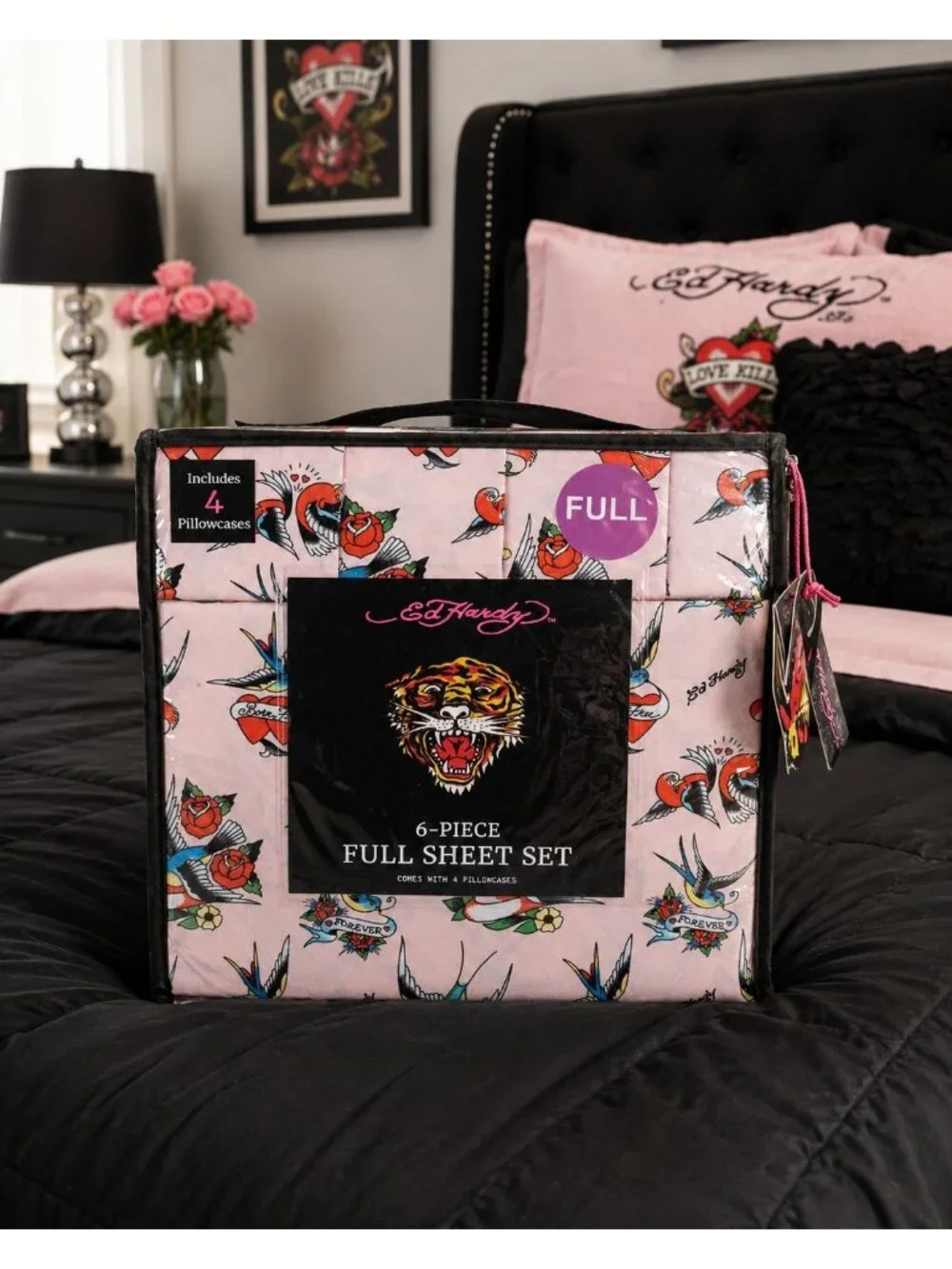 Ed Hardy Full Sheet Set 6-Piece w 4 Pillowcases Pink Bird Rose Tattoo Sheets